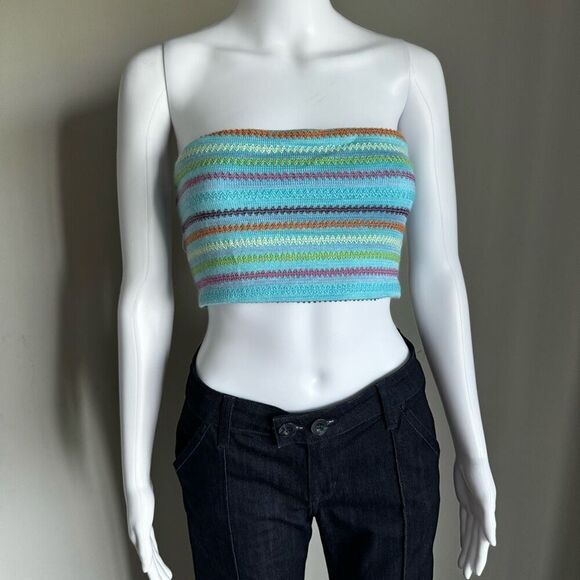 Princess Polly Crotchet Knit Blue Striped 70’s Top NWT - Picture 3 of 5